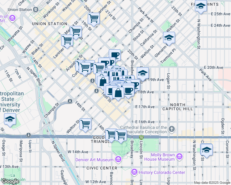map of restaurants, bars, coffee shops, grocery stores, and more near 518 17th Street in Denver