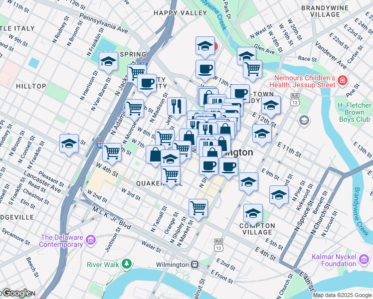 map of restaurants, bars, coffee shops, grocery stores, and more near in Wilmington