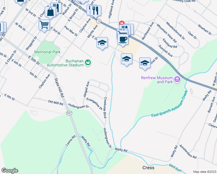 map of restaurants, bars, coffee shops, grocery stores, and more near 525 Abigail Avenue in Waynesboro