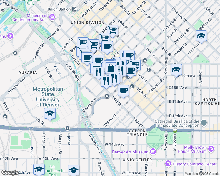 map of restaurants, bars, coffee shops, grocery stores, and more near 910 15th Street in Denver