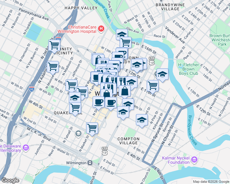 map of restaurants, bars, coffee shops, grocery stores, and more near 900 North Market Street in Wilmington