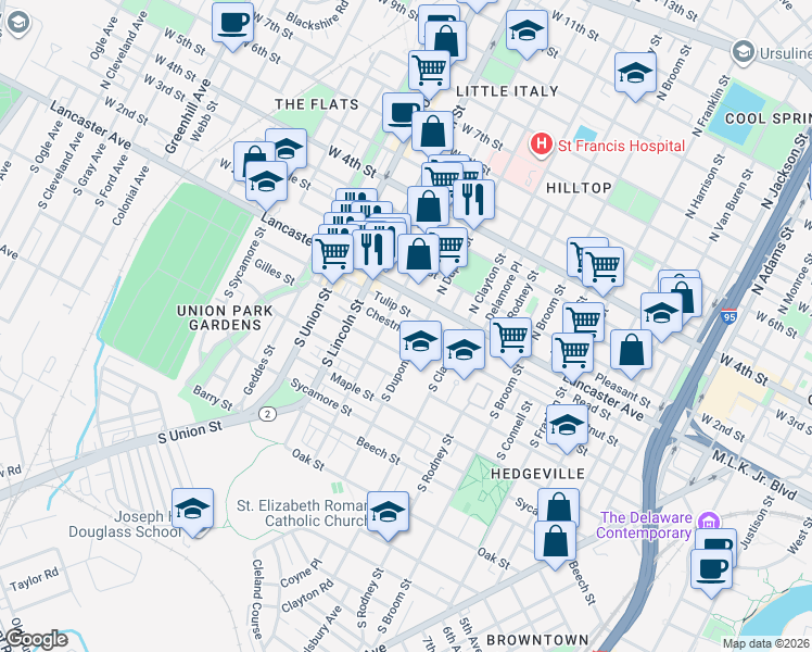map of restaurants, bars, coffee shops, grocery stores, and more near 1714 Lancaster Avenue in Wilmington