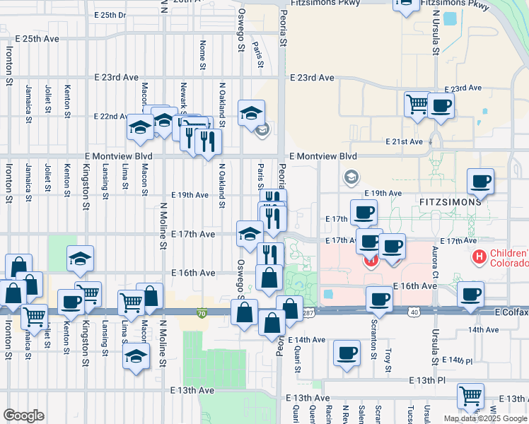 map of restaurants, bars, coffee shops, grocery stores, and more near 1789 Paris Street in Aurora