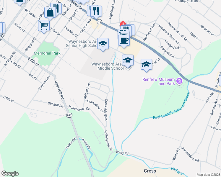 map of restaurants, bars, coffee shops, grocery stores, and more near 534 Abigail Avenue in Waynesboro