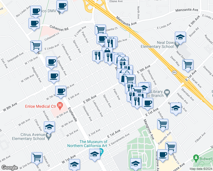 map of restaurants, bars, coffee shops, grocery stores, and more near 482 East 5th Avenue in Chico