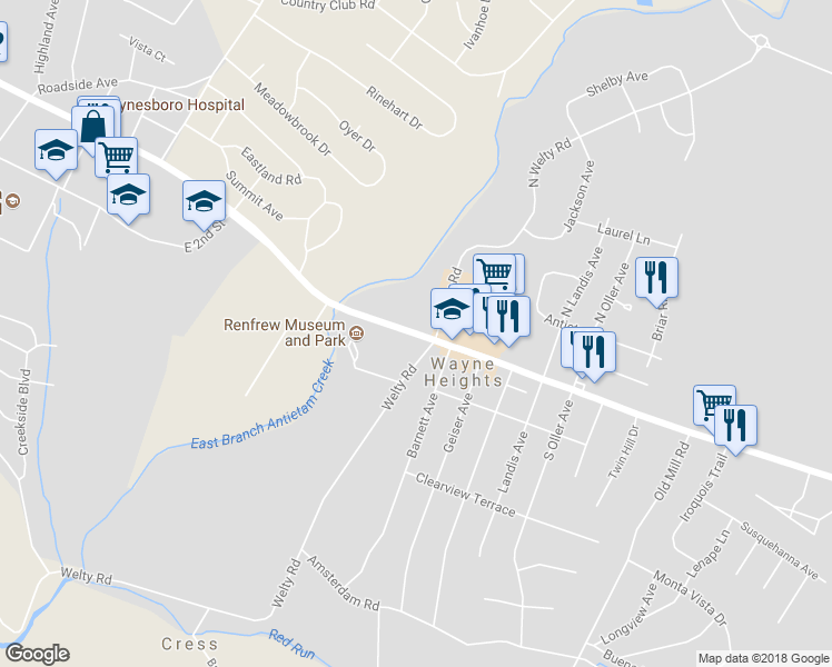 map of restaurants, bars, coffee shops, grocery stores, and more near 1043 East Main Street in Waynesboro