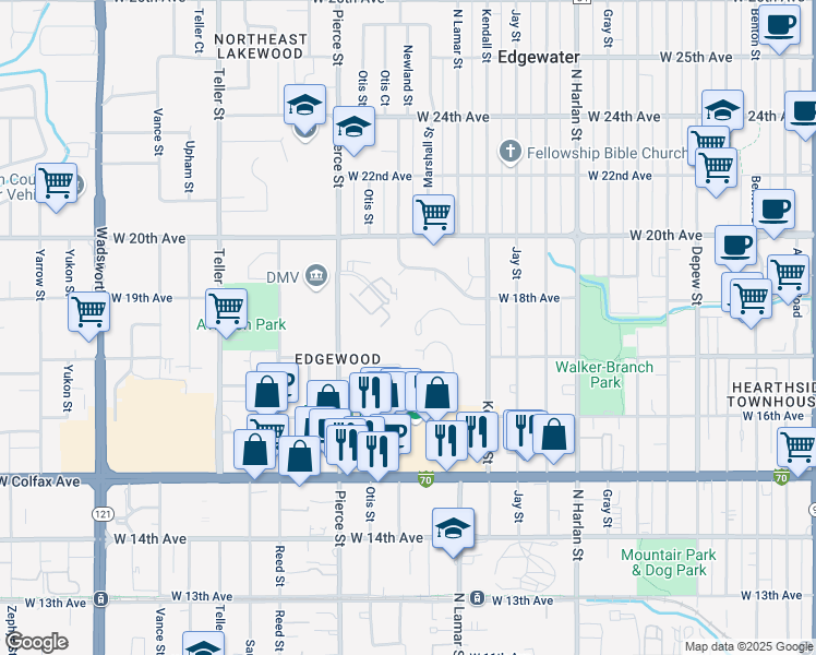map of restaurants, bars, coffee shops, grocery stores, and more near 1775 Kendall Street in Lakewood