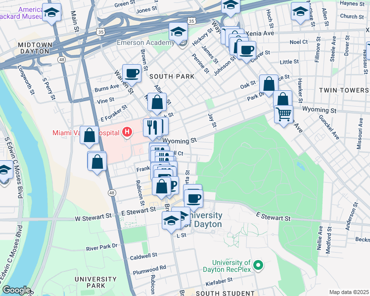 map of restaurants, bars, coffee shops, grocery stores, and more near 258 Wyoming Street in Dayton