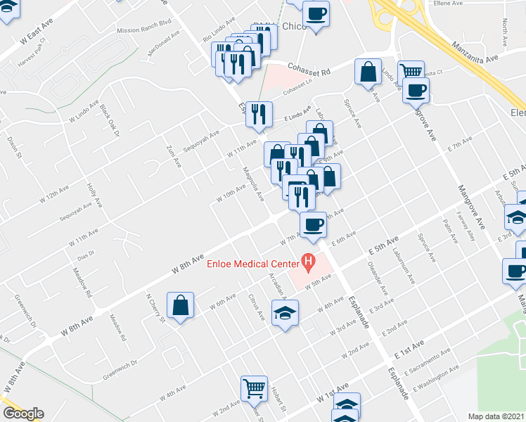 map of restaurants, bars, coffee shops, grocery stores, and more near 1819 Magnolia Avenue in Chico
