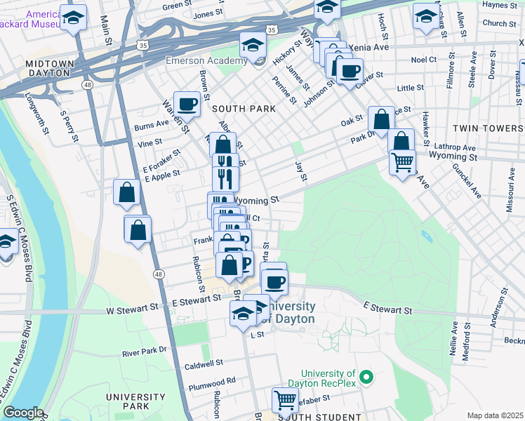 map of restaurants, bars, coffee shops, grocery stores, and more near 258 Wyoming Street in Dayton