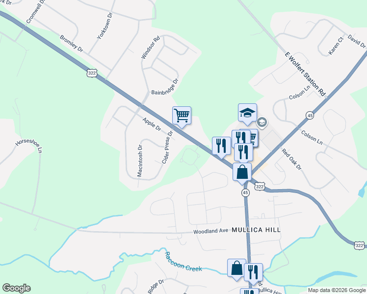 map of restaurants, bars, coffee shops, grocery stores, and more near 1 Crabapple Court in Mullica Hill