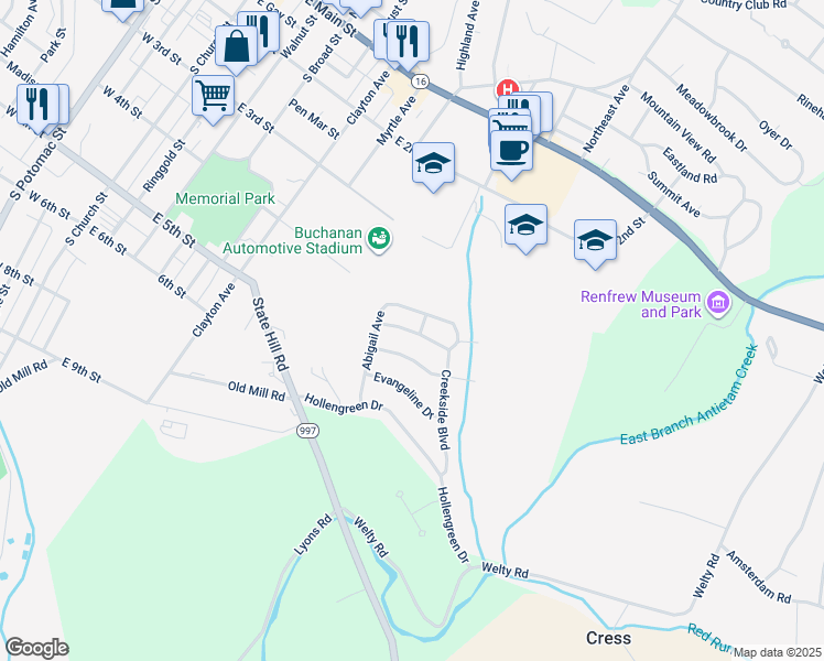 map of restaurants, bars, coffee shops, grocery stores, and more near Bartholomew Drive in Waynesboro