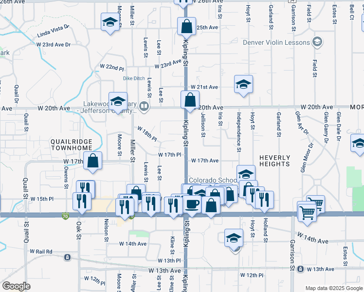 map of restaurants, bars, coffee shops, grocery stores, and more near in Lakewood