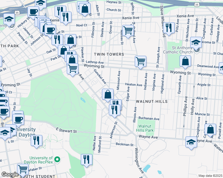 map of restaurants, bars, coffee shops, grocery stores, and more near 156 Gunckel Avenue in Dayton