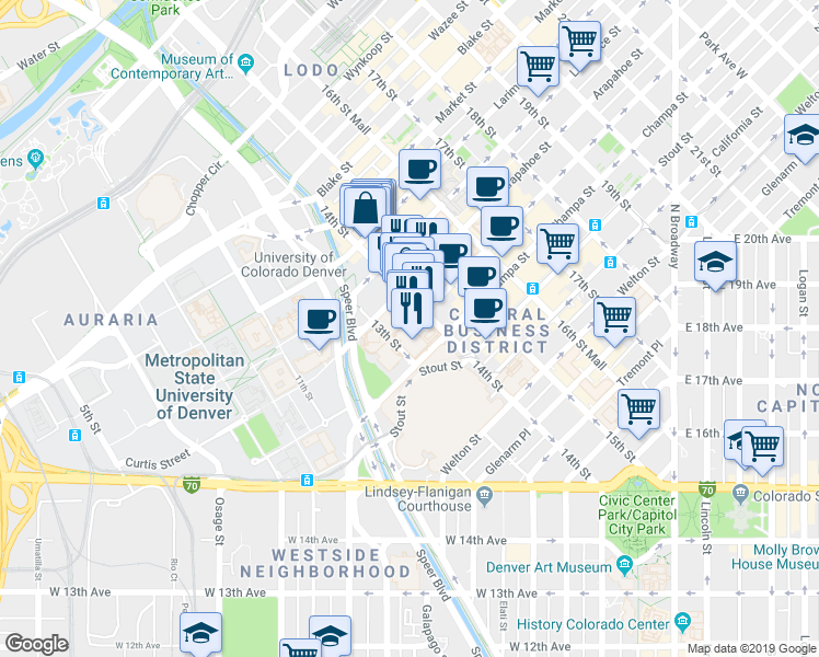 map of restaurants, bars, coffee shops, grocery stores, and more near 1335 Curtis Street in Denver