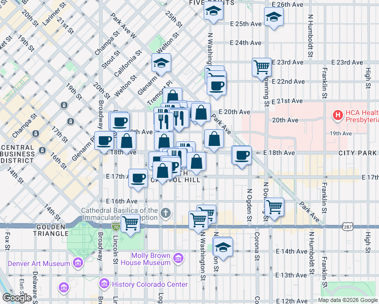 map of restaurants, bars, coffee shops, grocery stores, and more near E 18th Ave & Pearl St in Denver