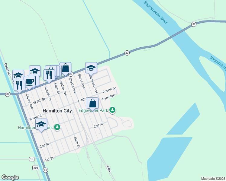 map of restaurants, bars, coffee shops, grocery stores, and more near 839 East 4th Street in Hamilton City