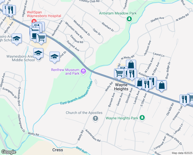 map of restaurants, bars, coffee shops, grocery stores, and more near 1010 East Main Street in Waynesboro
