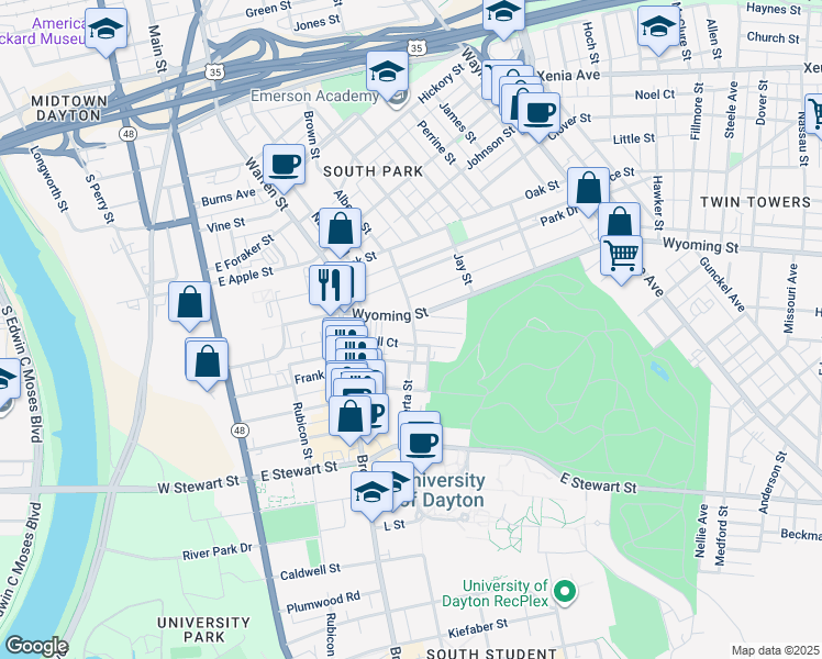 map of restaurants, bars, coffee shops, grocery stores, and more near 309 Wyoming Street in Dayton