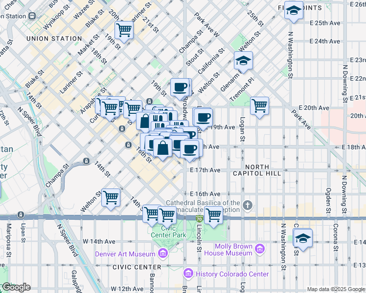 map of restaurants, bars, coffee shops, grocery stores, and more near 1801 Broadway in Denver