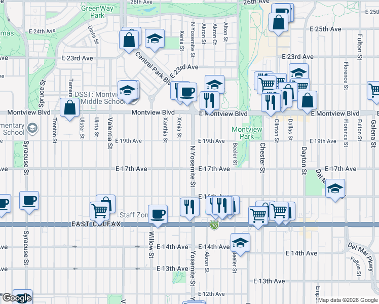 map of restaurants, bars, coffee shops, grocery stores, and more near 1790 Yosemite Street in Denver