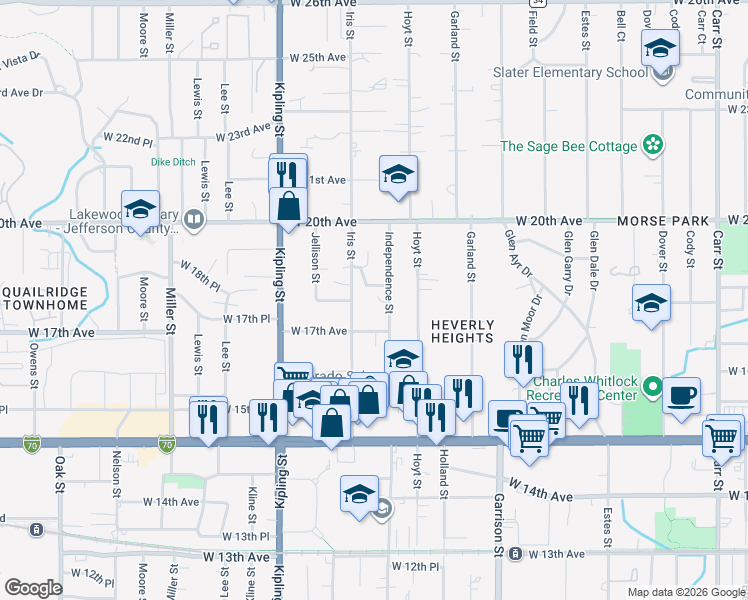 map of restaurants, bars, coffee shops, grocery stores, and more near 9605 West 18th Drive in Lakewood