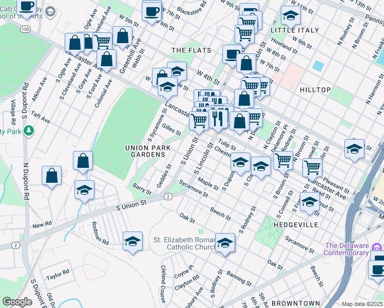 map of restaurants, bars, coffee shops, grocery stores, and more near 310 South Union Street in Wilmington