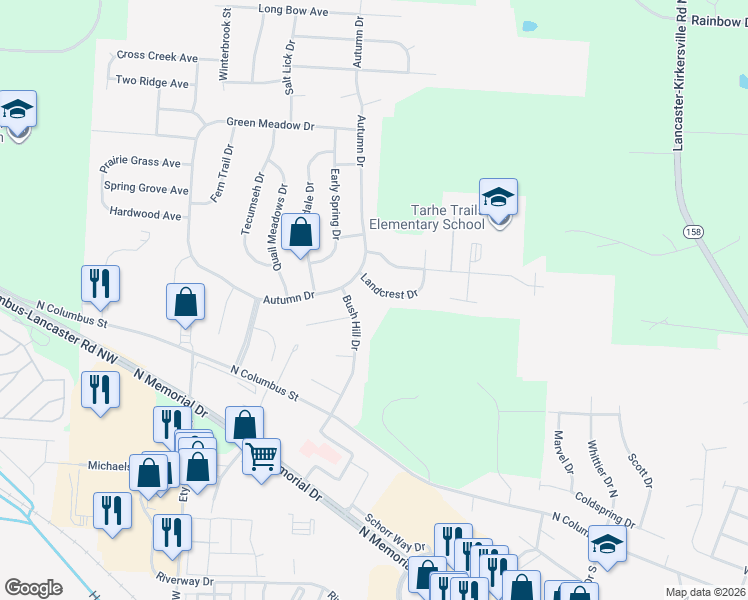 map of restaurants, bars, coffee shops, grocery stores, and more near 2261 Landcrest Drive in Lancaster