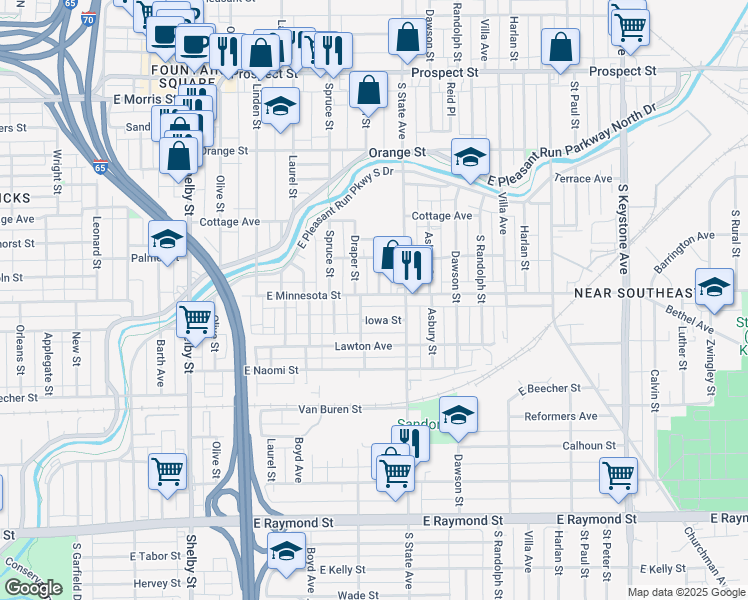 map of restaurants, bars, coffee shops, grocery stores, and more near 1615 East Minnesota Street in Indianapolis