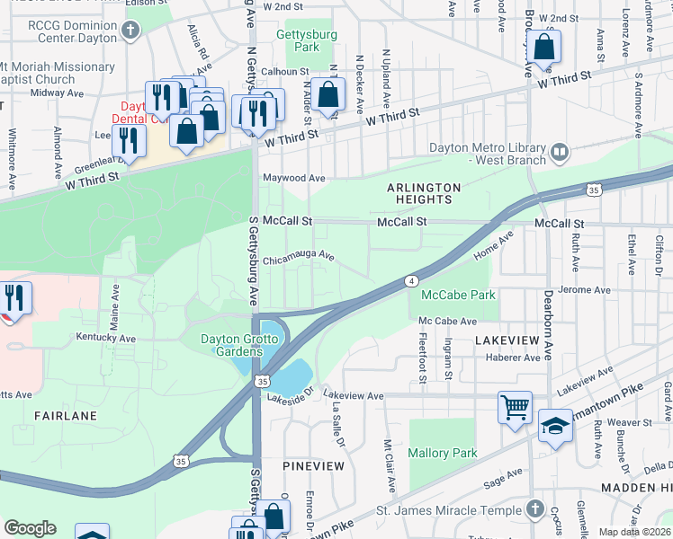 map of restaurants, bars, coffee shops, grocery stores, and more near 3404 Chicamauga Avenue in Dayton