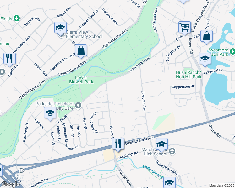 map of restaurants, bars, coffee shops, grocery stores, and more near 17 Arminta Court in Chico