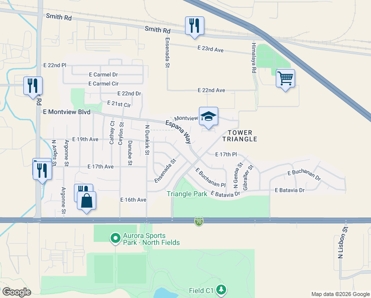 map of restaurants, bars, coffee shops, grocery stores, and more near 1936 Ensenada Street in Aurora
