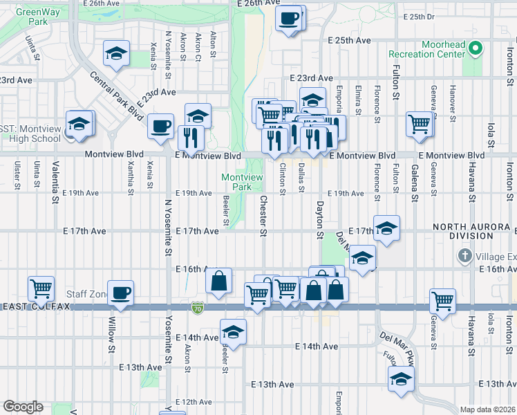 map of restaurants, bars, coffee shops, grocery stores, and more near 1788 Chester Street in Aurora