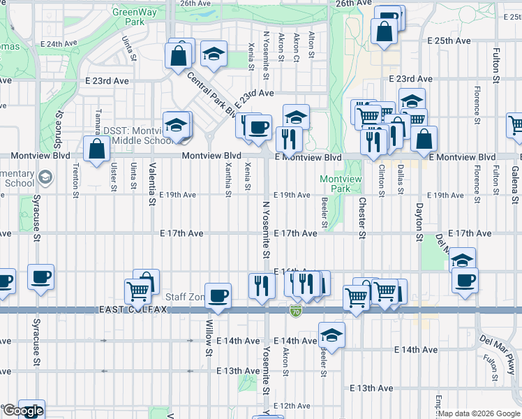map of restaurants, bars, coffee shops, grocery stores, and more near 1790 Yosemite Street in Denver