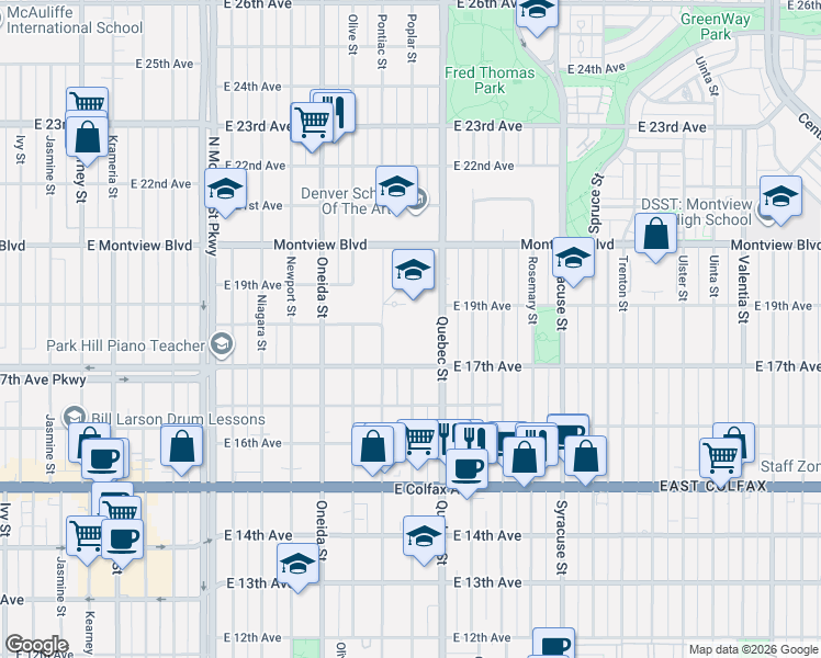 map of restaurants, bars, coffee shops, grocery stores, and more near 1789-1845 Quebec St in Denver