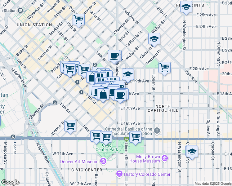 map of restaurants, bars, coffee shops, grocery stores, and more near in Denver