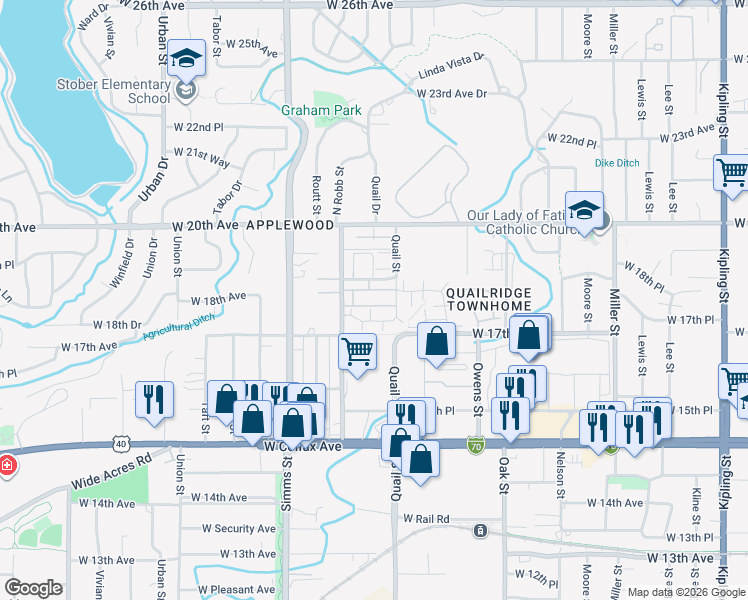map of restaurants, bars, coffee shops, grocery stores, and more near 11294 West 18th Avenue in Lakewood