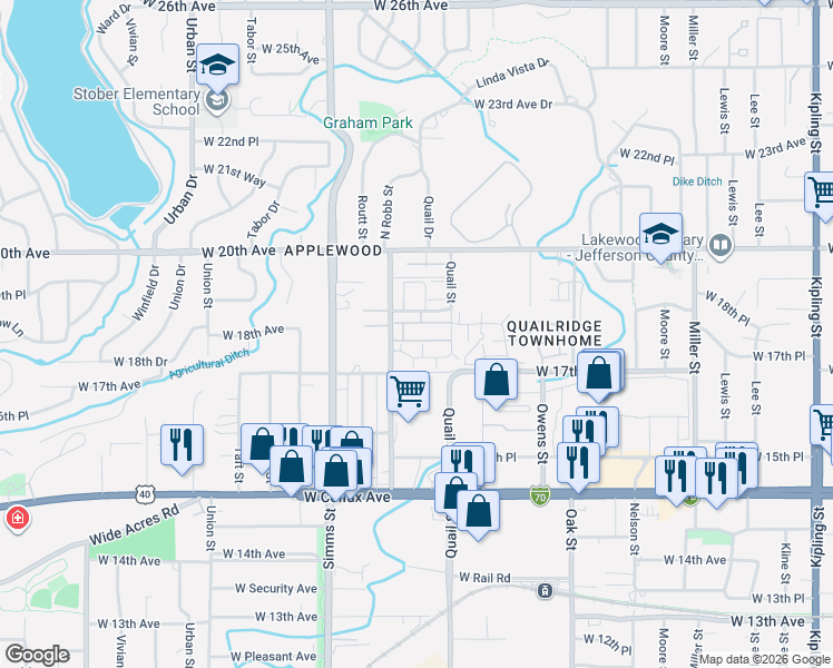 map of restaurants, bars, coffee shops, grocery stores, and more near 11294 West 18th Avenue in Lakewood
