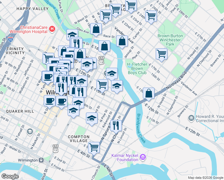 map of restaurants, bars, coffee shops, grocery stores, and more near 1121 North Lombard Street in Wilmington