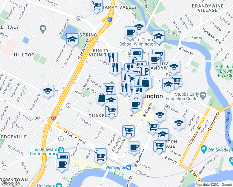 map of restaurants, bars, coffee shops, grocery stores, and more near in Wilmington