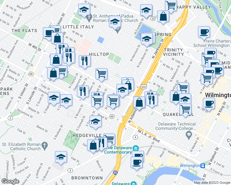 map of restaurants, bars, coffee shops, grocery stores, and more near 406 North Harrison Street in Wilmington