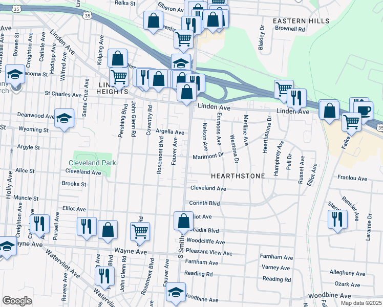 map of restaurants, bars, coffee shops, grocery stores, and more near 1560 South Smithville Road in Dayton