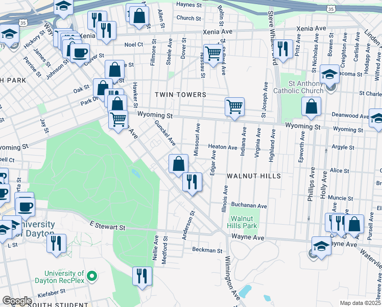 map of restaurants, bars, coffee shops, grocery stores, and more near 102 Colorado Avenue in Dayton