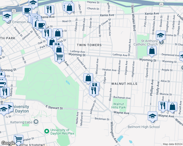 map of restaurants, bars, coffee shops, grocery stores, and more near 102 Colorado Avenue in Dayton