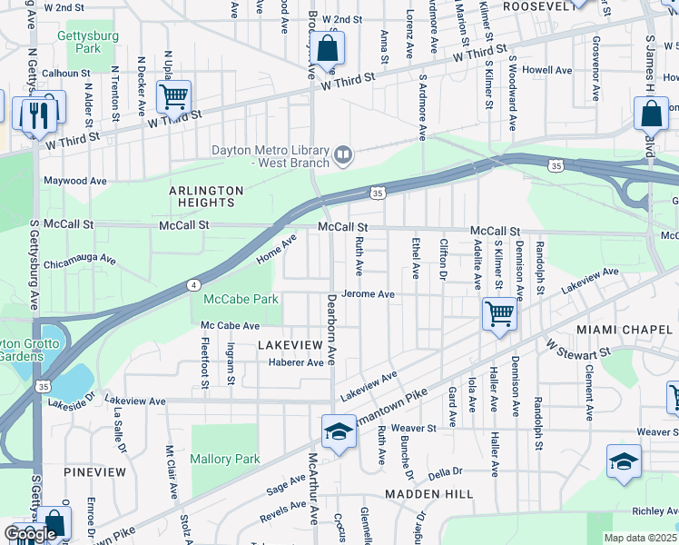 map of restaurants, bars, coffee shops, grocery stores, and more near 444 Dearborn Avenue in Dayton