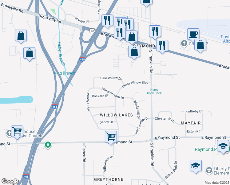 map of restaurants, bars, coffee shops, grocery stores, and more near 7728 Cross Willow Boulevard in Indianapolis