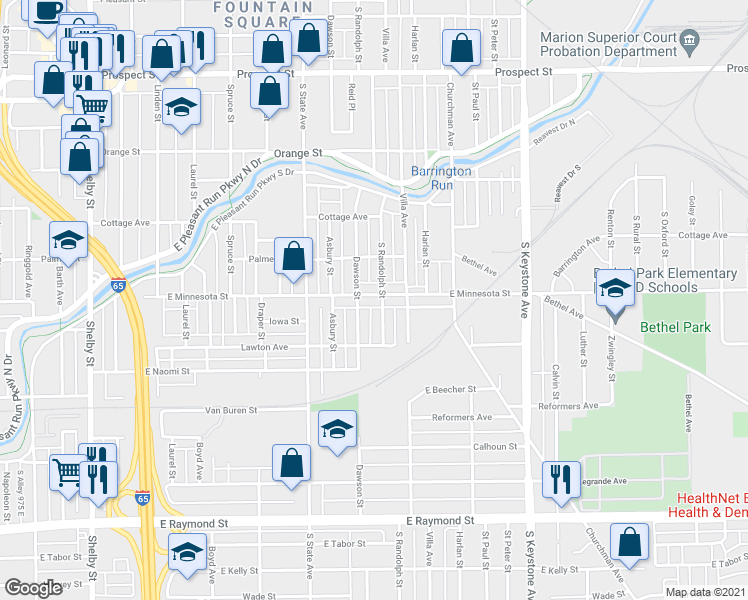map of restaurants, bars, coffee shops, grocery stores, and more near 1625 South Randolph Street in Indianapolis