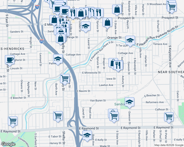 map of restaurants, bars, coffee shops, grocery stores, and more near 1631 Brier Place in Indianapolis