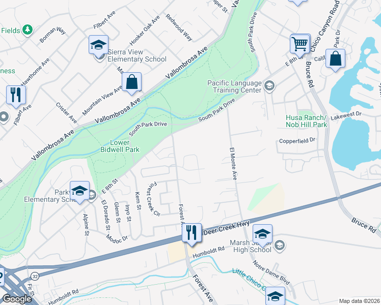 map of restaurants, bars, coffee shops, grocery stores, and more near 17 Arminta Court in Chico