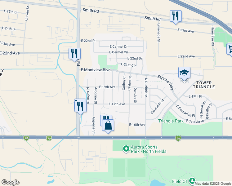 map of restaurants, bars, coffee shops, grocery stores, and more near 1763 Cathay Street in Aurora